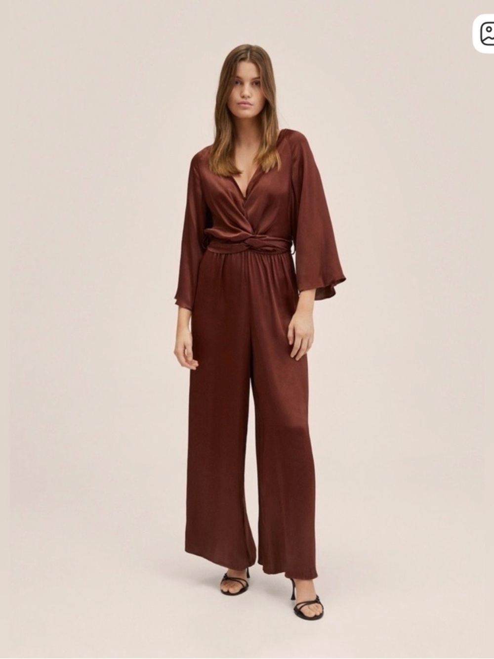 Mango Satin Knot-Waist Jumpsuit in Chocolate Brown